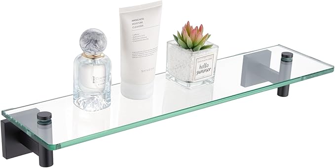 KOKOSIRI Bathroom Shelves Glass Floating Shelf 20-Inch for Bedroom, Living Room, Kitchen, Storage Hanging Rack Rustproof Wall Mounted Black B1105BK-L20