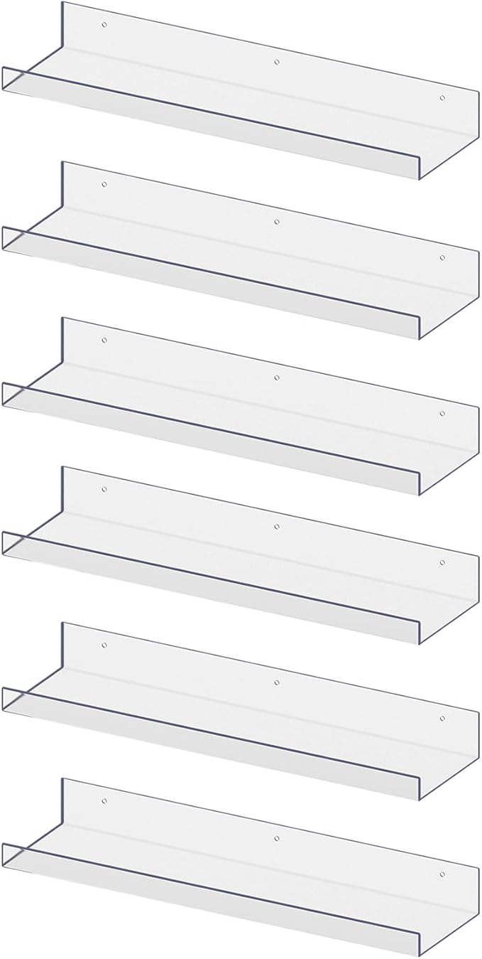RLAVBL 6 Pack Acrylic Shelves, 15" Floating Wall Shelves for Bedroom, Living Room, Bathroom, Kitchen Storage