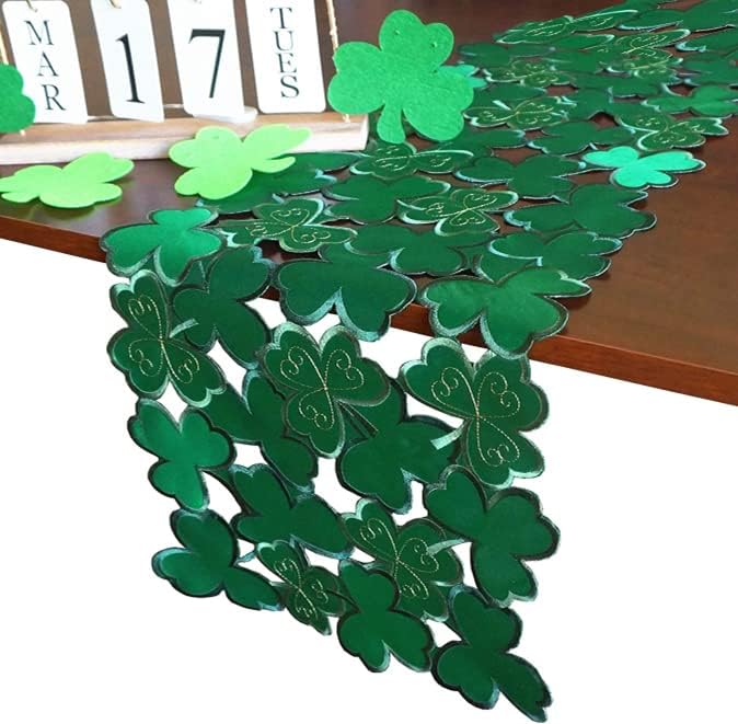 St. Patrick's Day Table Runner 13"x68" ,Applique Embroidered Cutwork Clover Design, Home Kitchen Dining Spring Holiday Tabletop Decoration