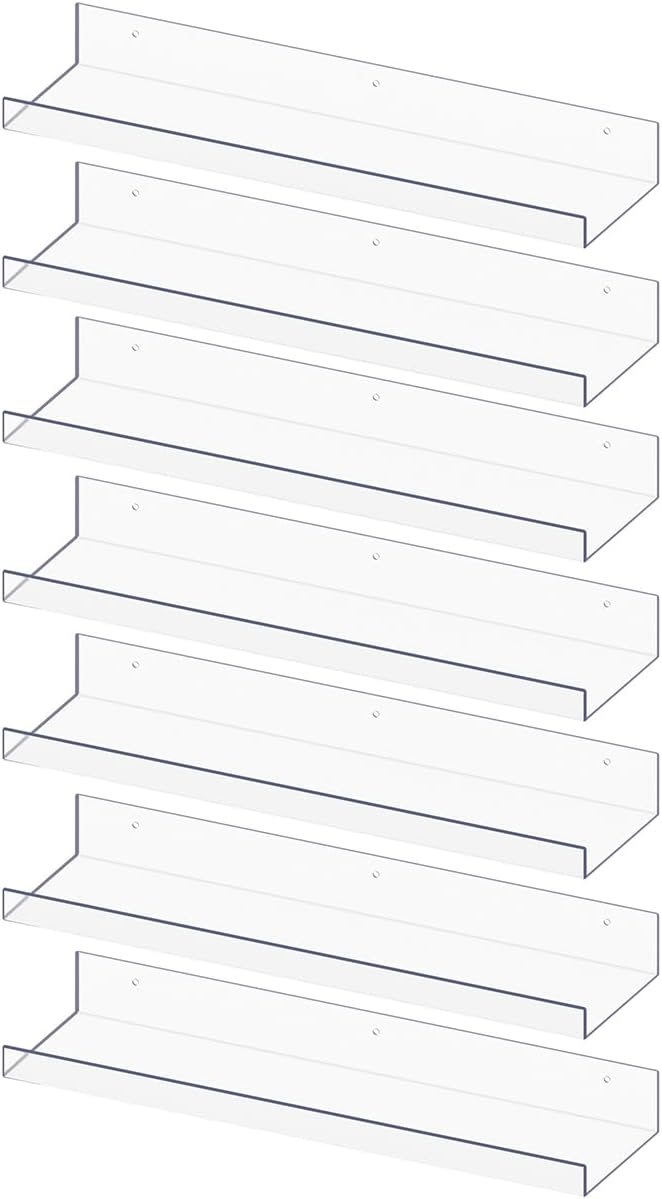 RLAVBL 7 Pack Acrylic Shelves, 15" Floating Wall Shelves for Bedroom, Living Room, Bathroom, Kitchen Storage