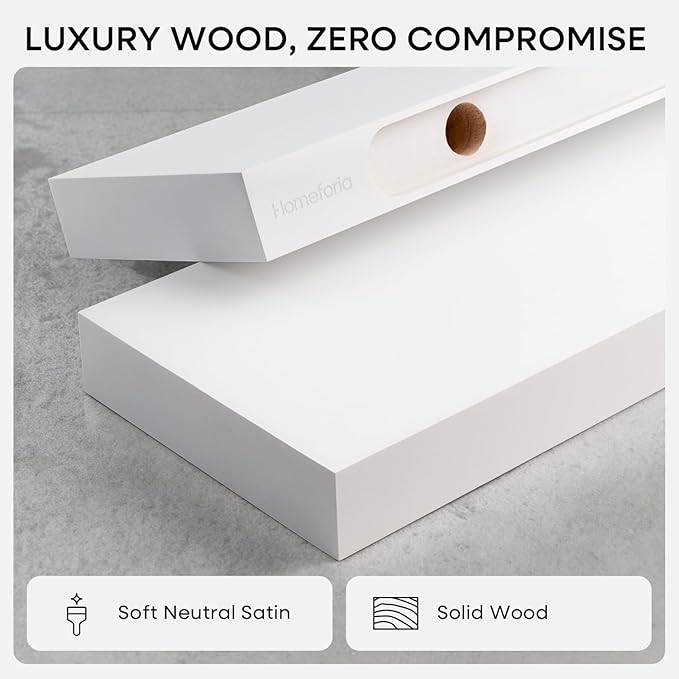 Homeforia White Floating Shelf 18 inch, High End Solid Real Wood 18inch Bathroom Floating Shelves for Wall Mounted, White Wooden 18in Floating Shelves, Heavy Duty Bracket, 18 X 6.5 X 1.75 in, Set of 2