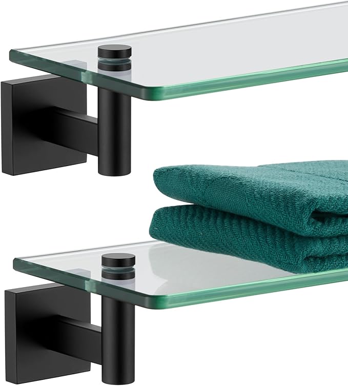 KOKOSIRI Bathroom Shelves Glass Floating Shelf 12-Inch for Bedroom Living Room Kitchen Hanging Rack Rustproof Wall Mounted Black 2 Pack B1105BK-L12-P2