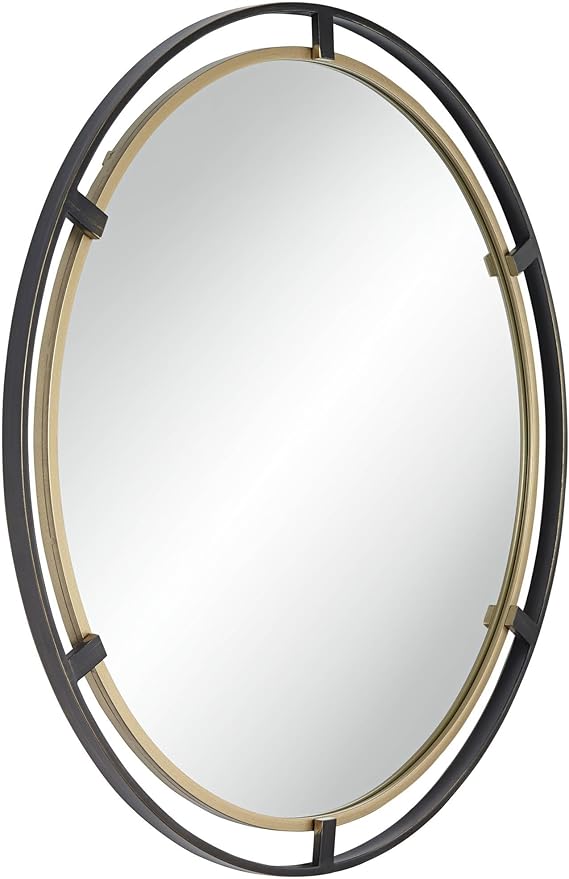 Uttermost Crest Round Vanity Decorative Wall Mirror Rustic Distressed Bronze Antiqued Gold Metal Ring Frame 34" Wide Decor for Bathroom Bedroom Living Room Home Office Entryway