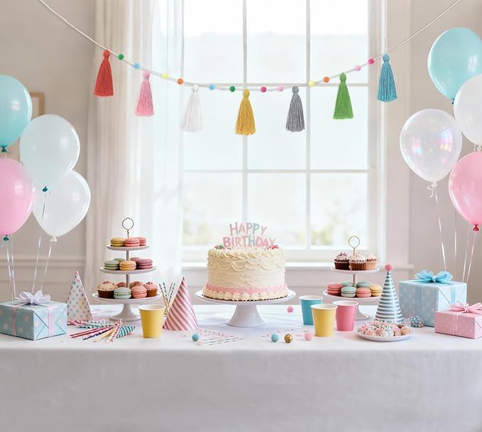 Mkono 2 Pack Tassel Garland Boho Pom Pom Felt Ball String Pastel Banner for Thanksgiving Christmas Birthday Party Decor, Rainbow Wall Hangings for Classroom, Nursery, Kids Girls Bedroom, Baby Shower
