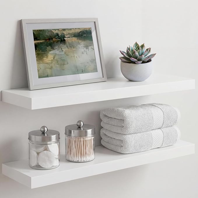 Homeforia White Floating Shelves 24 inch, High End Solid Real Wood 24inch Bathroom Floating Shelf for Wall Mounted, White Wooden 24in Floating Shelves, Heavy Duty Bracket, 24 X 6.5 X 1.75 in, Set of 4