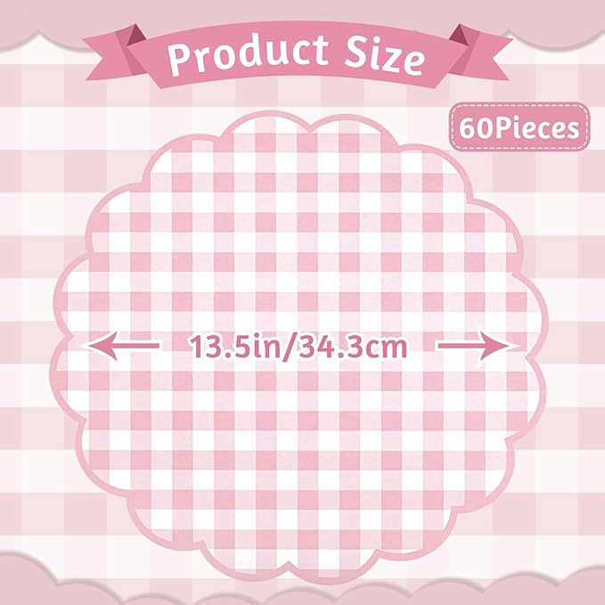 60 Pcs Pink and White Gingham Paper Placemat,13.5 Inch Scalloped Checkered Place Mats Disposable Mother's Day Table Placemats Decorative Paper for Anniversay Baby Shower Wedding Banquet Tea Party