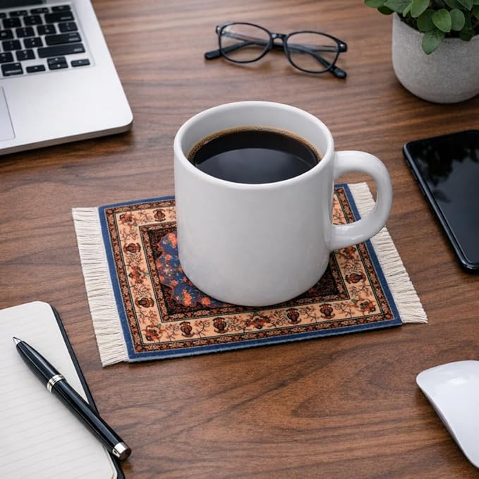 Turkish Carpet Coasters Set of 4 – mini Non-Slip Drink mats with Fringe, Protective and Decorative for Home or Office | Dining Accessory