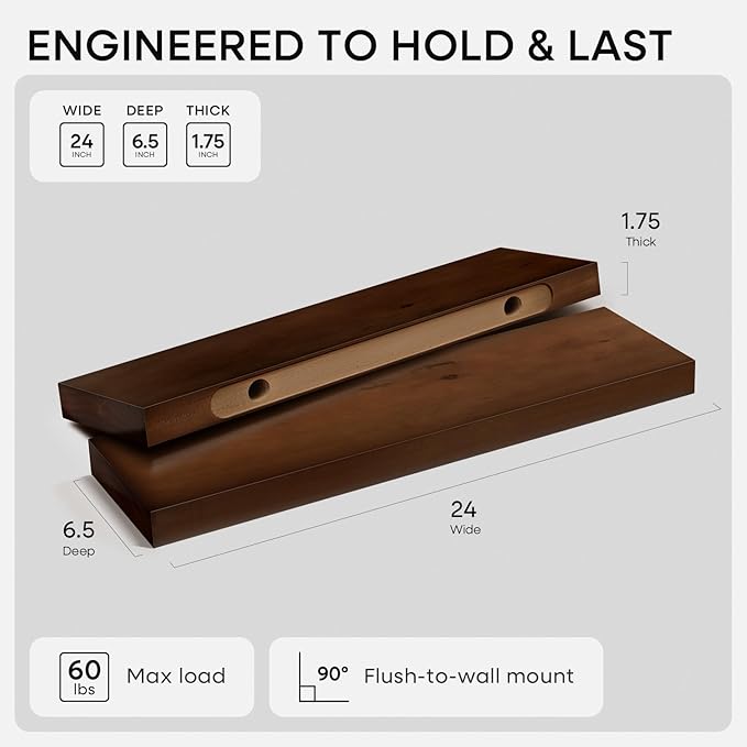 Homeforia 24inch Walnut Floating Shelves for Wall, High End Solid Real Wood 24in Floating Shelf for Bathroom, Dark Brown 24 inch Long Floating Shelves, Heavy Duty Bracket, 24 X 6.5 X 1.75 in, Set of 4
