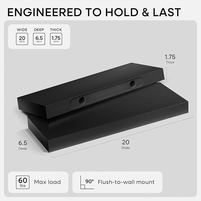 Homeforia Black Floating Shelf 20 inch, High End Solid Real Wood 20inch Bathroom Floating Shelves for Wall Mounted, Black Wooden 20in Floating Shelves, Heavy Duty Bracket, 20 X 6.5 X 1.75 in, Set of 4