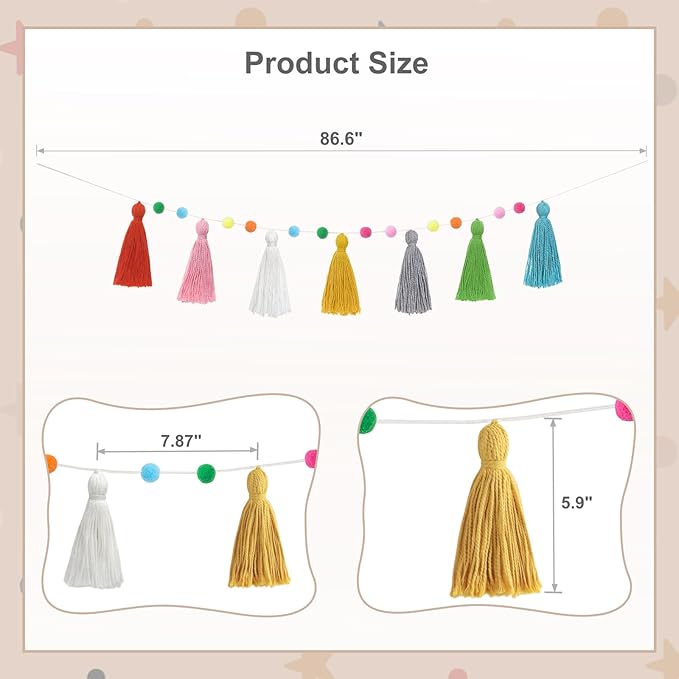 Mkono 3 Pack Tassel Garland Boho Pom Pom Felt Ball String Pastel Banner for Thanksgiving Christmas Birthday Party Decor, Rainbow Wall Hangings for Classroom, Nursery, Kids Girls Bedroom, Baby Shower