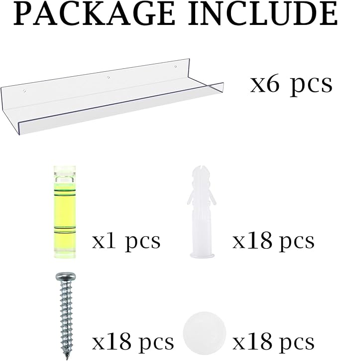 RLAVBL 6 Pack Acrylic Shelves, 15" Floating Wall Shelves for Bedroom, Living Room, Bathroom, Kitchen Storage