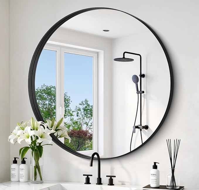 Black Round Mirror 28 inch Deep Frame Circle Mirror, Metal Framed Bathroom Mirror, Round Vanity Mirror, Circle Mirrors for Wall Entryway Bedroom Living Room Hallway
