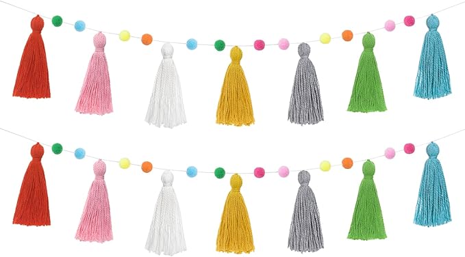 Mkono 2 Pack Tassel Garland Boho Pom Pom Felt Ball String Pastel Banner for Thanksgiving Christmas Birthday Party Decor, Rainbow Wall Hangings for Classroom, Nursery, Kids Girls Bedroom, Baby Shower