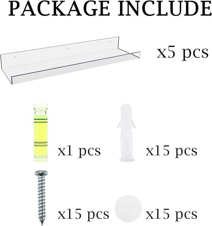 RLAVBL 5 Pack Acrylic Shelves, 15" Floating Wall Shelves for Bedroom, Living Room, Bathroom, Kitchen Storage