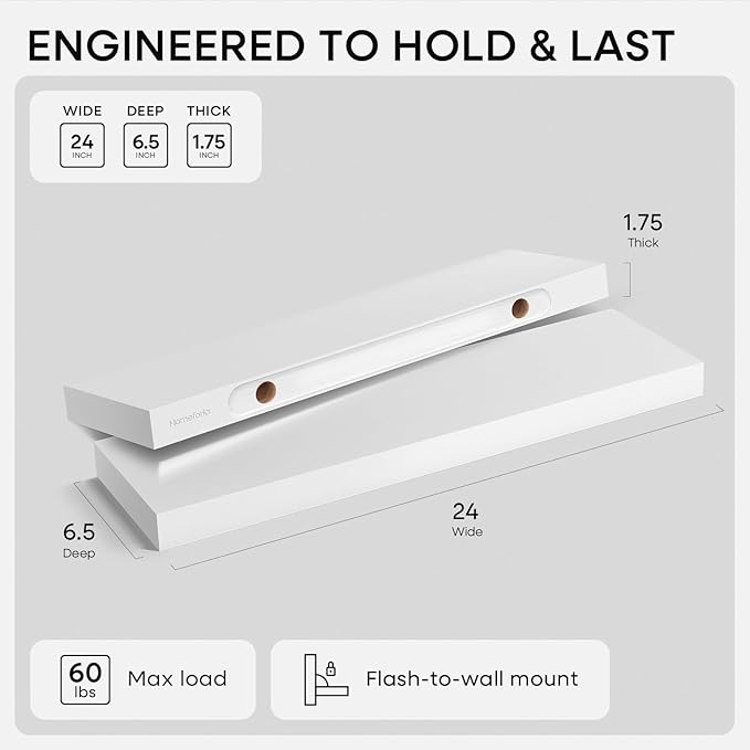 Homeforia White Floating Shelves 24 inch, High End Solid Real Wood 24inch Bathroom Floating Shelf for Wall Mounted, White Wooden 24in Floating Shelves, Heavy Duty Bracket, 24 X 6.5 X 1.75 in, Set of 4
