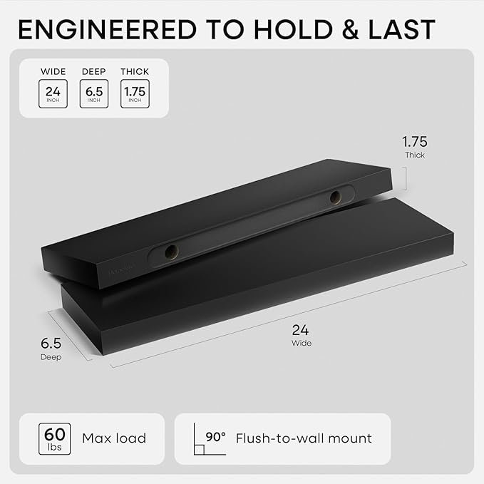 Homeforia Black Floating Shelves 24 inch, High End Solid Real Wood 24inch Bathroom Floating Shelf for Wall Mounted, Black Wooden 24in Floating Shelves, Heavy Duty Bracket, 24 X 6.5 X 1.75 in, Set of 4