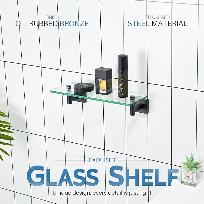 KOKOSIRI Wall Shelves Bathroom Hardware Glass Floating Shelf 12-Inch for Bedroom, Living Room, Kitchen, Hanging Rack Oil Rubbed Bronze B1105ORB-L12