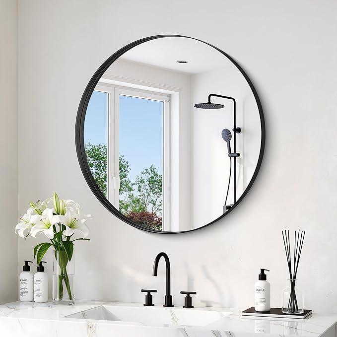 Black Round Mirror 22 inch Deep Frame Circle Mirror, Metal Framed Bathroom Mirror, Round Vanity Mirror, Circle Mirrors for Wall Entryway Bedroom Living Room Hallway