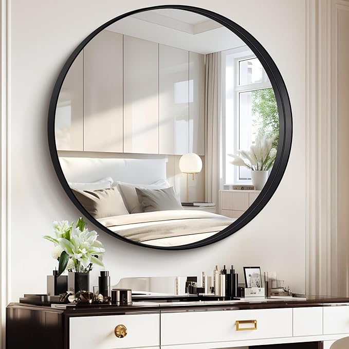 Black Round Mirror 42 inch Deep Frame Circle Mirror, Metal Frame Round Bathroom Mirror, Circle Mirrors for Wall Entryway Washroom Bedroom Living Room Hallway
