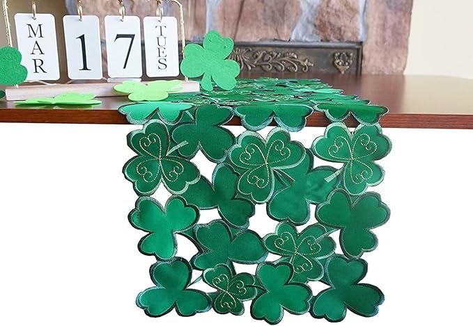 St. Patrick's Day Table Runner 13"x68" ,Applique Embroidered Cutwork Clover Design, Home Kitchen Dining Spring Holiday Tabletop Decoration