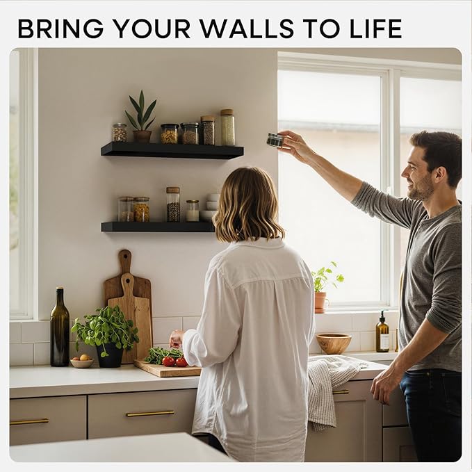 Homeforia Black Floating Shelf 20 inch, High End Solid Real Wood 20inch Bathroom Floating Shelves for Wall Mounted, Black Wooden 20in Floating Shelves, Heavy Duty Bracket, 20 X 6.5 X 1.75 in, Set of 4