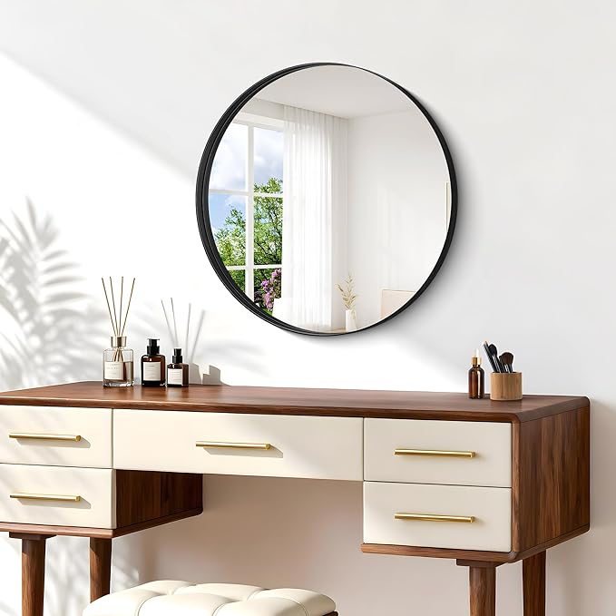 Black Round Mirror 22 inch Deep Frame Circle Mirror, Metal Framed Bathroom Mirror, Round Vanity Mirror, Circle Mirrors for Wall Entryway Bedroom Living Room Hallway