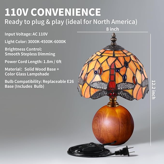 12.2" Tiffany Style Lamp, Handcrafted Dragonfly Stained Glass Table Lamp with Weighted Solid Wood Base, 3-Color Dimmable Bedside Nightstand Light for Bedroom & Living Room, LED Bulb Included