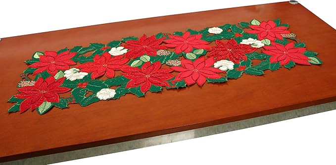 Christmas Table Runner 36 Inches Poinsettia Red Flower Short Embroidered Velvet Floral Xmas Decoration Festive Holiday Pine Cones Green Cutwork Dining Table Decor
