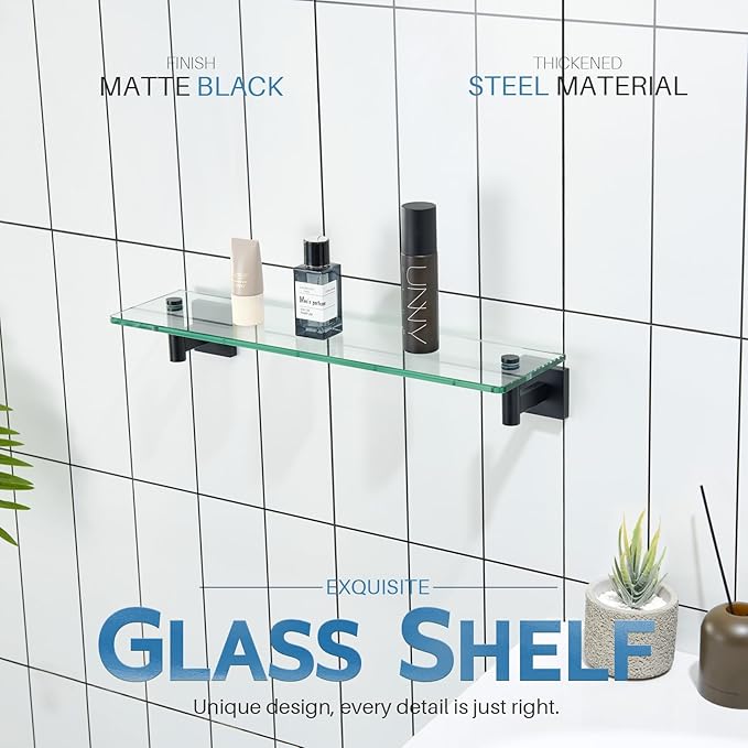 KOKOSIRI Bathroom Shelves Glass Floating Shelf 20-Inch for Bedroom, Living Room, Kitchen, Storage Hanging Rack Rustproof Wall Mounted Black B1105BK-L20