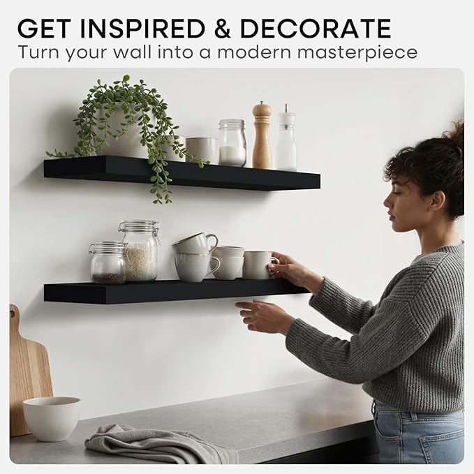 Homeforia 16 inch Black Floating Shelves, High End Solid Real Wood 16inch Bathroom Floating Shelves for Wall Mounted, 16in Wooden Small Floating Shelf, Heavy Duty Bracket, 16 X 6.5 X 1.75 in, Set of 4