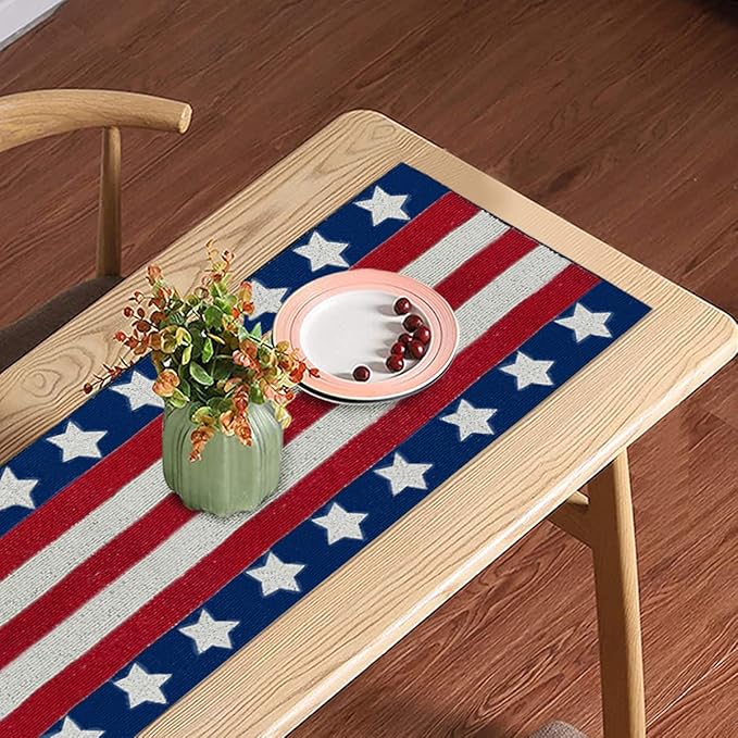 Decozen Patriotic Table Runner - 4th of July American Flag Freedom Stars Independence and Memorial Day for Holiday Kitchen Dining Table Home Decor - 13x35 Inches
