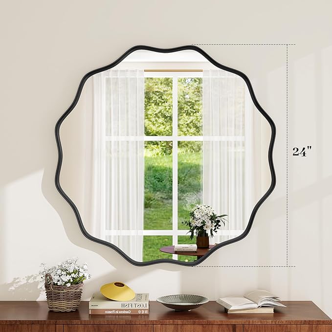 Round Wavy Mirror, 24 Inch Metal Frame Circle Mirror, Round Wall Mounted for Entryway, Bathroom, Vanity, Living Room, Black