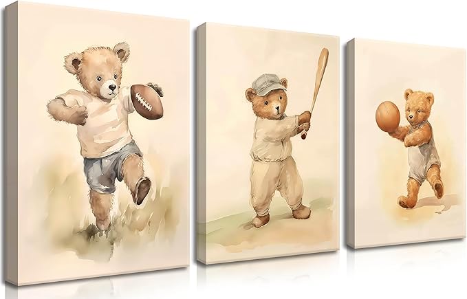 Bear Rugby Sports Nursery Canvas Wall Art Set of 3 - Cute Vintage Baby Bear Pictures Paintings Poster Prints, Nursery Animal Wall Decor for Children Bedroom Boy Room Decoration 12x16 inch Framed