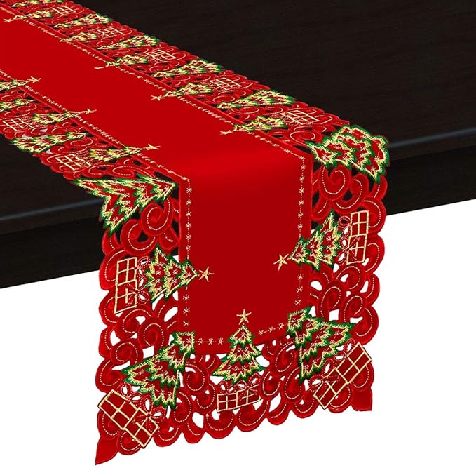Grelucgo Embroidered Christmas Holiday Holly Tree Table Runner, Dresser Scarf, Rectangular 16 x 54 Inch