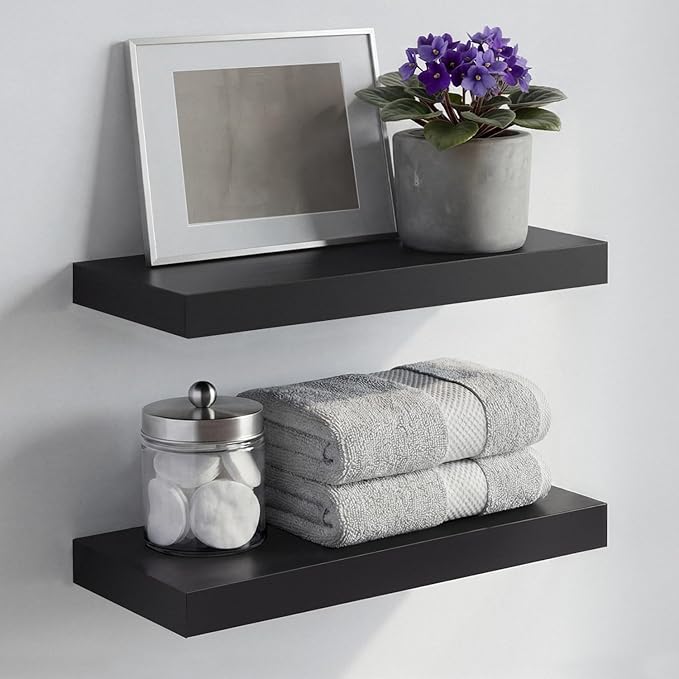 Homeforia 16 inch Black Floating Shelves, High End Solid Real Wood 16inch Bathroom Floating Shelves for Wall Mounted, 16in Wooden Small Floating Shelf, Heavy Duty Bracket, 16 X 6.5 X 1.75 in, Set of 4