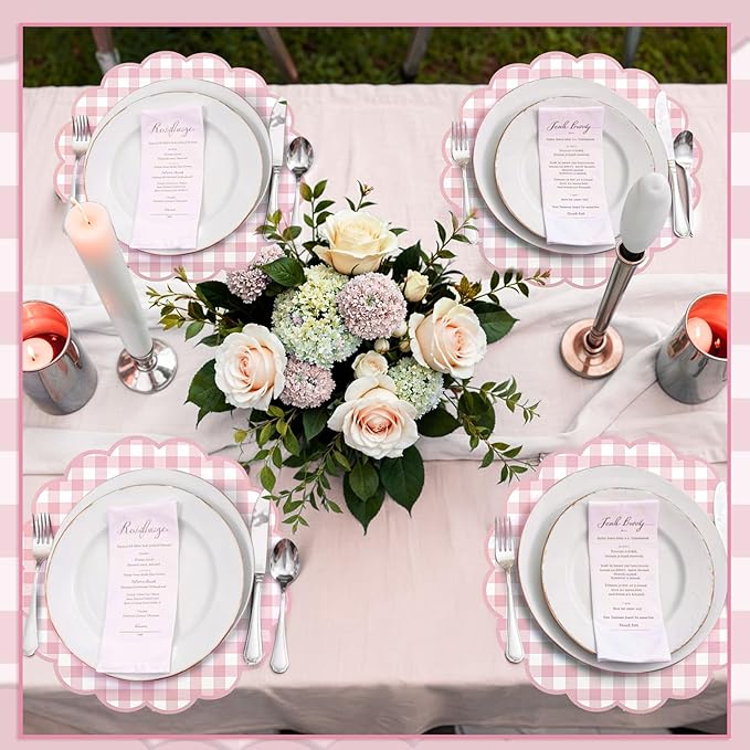 60 Pcs Pink and White Gingham Paper Placemat,13.5 Inch Scalloped Checkered Place Mats Disposable Mother's Day Table Placemats Decorative Paper for Anniversay Baby Shower Wedding Banquet Tea Party