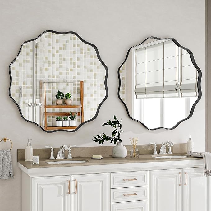 Round Wavy Mirror, 24 Inch Metal Frame Circle Mirror, Round Wall Mounted for Entryway, Bathroom, Vanity, Living Room, Black