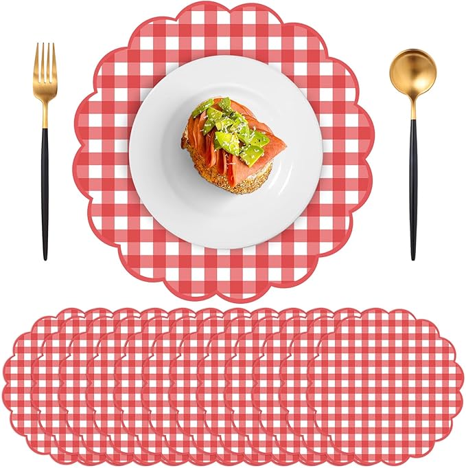 60 Pcs Red and White Gingham Paper Placemats,13.5 Inch Scalloped Checkered Place Mats Disposable Picnic Placemats Decorative Paper for Table Setting BBQ Baby Shower Wedding Bridal Banquet Tea Party