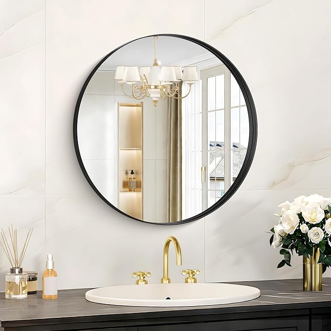 Black Round Mirror 18 inch Deep Frame Circle Mirror, Metal Framed Bathroom Mirror, Round Vanity Mirror, Circle Mirrors for Wall Entryway Bedroom Living Room Hallway