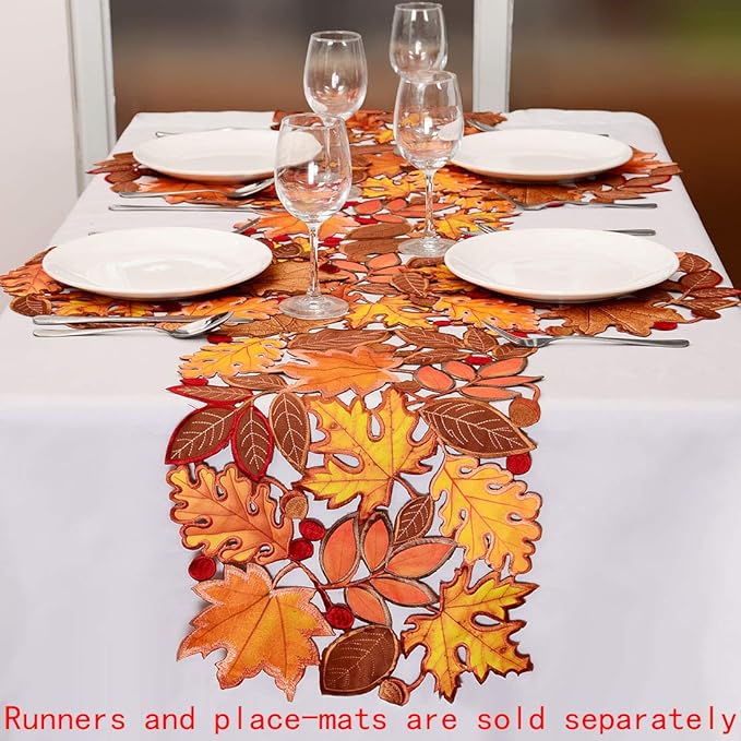 Simhomsen Embroidered Fall Leaves Table Runner for Thanksgiving, Autumn Harvest Decorations (14 × 156 inches)