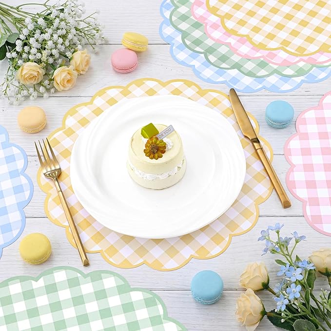 60 Pcs Pastel Gingham Paper Placemats,13.5 Inch Scalloped Checkered Placemat Disposable Tea Party Place Mats for Table Setting Baby Shower Wedding Bridal Banquet Birthday Decorations,4 Colors