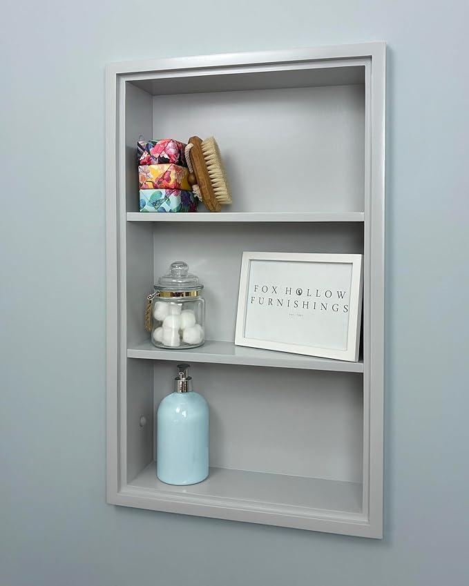 Fox Hollow Furnishings 14x24 Sloane Recessed Wall Niche Medicine Cabinet Replacement, in The Wall Bathroom Cabinet Insert Shelf/Shelves, Made in North America, Real Wood, NO MDF, Light Gray Plain Back