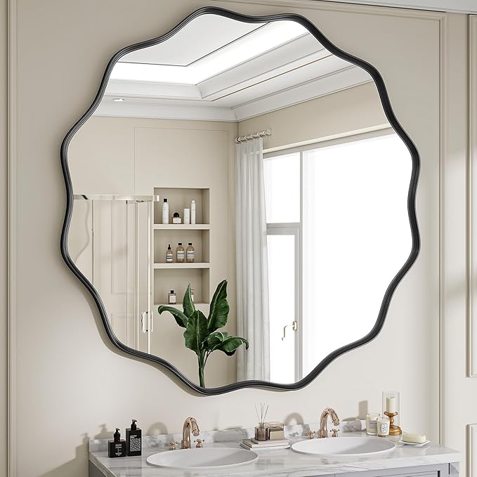 Wavy Round Mirror, 42 Inch Large Metal Frame Circle Mirror, Wall Mounted for Bathroom, Vanity, Entryway, Living Room, Black