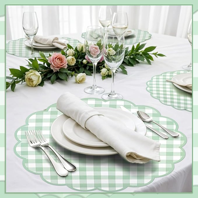 60 Pcs Sage Green Gingham Paper Placemats,13.5 Inch Scalloped Checkered Place Mats Disposable Placemat Decorative Paper for Table Setting BBQ Baby Shower Wedding Bridal Banquet Tea Party