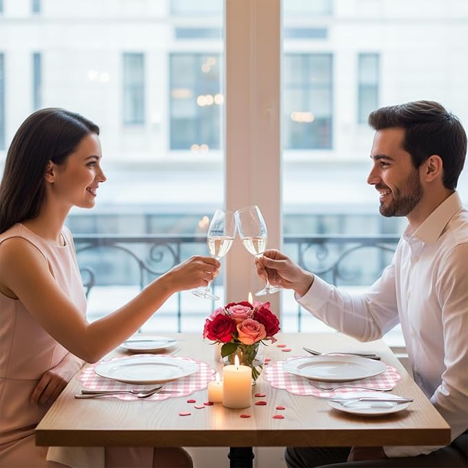 60 Pcs Pink and White Gingham Paper Placemat,13.5 Inch Scalloped Checkered Place Mats Disposable Mother's Day Table Placemats Decorative Paper for Anniversay Baby Shower Wedding Banquet Tea Party