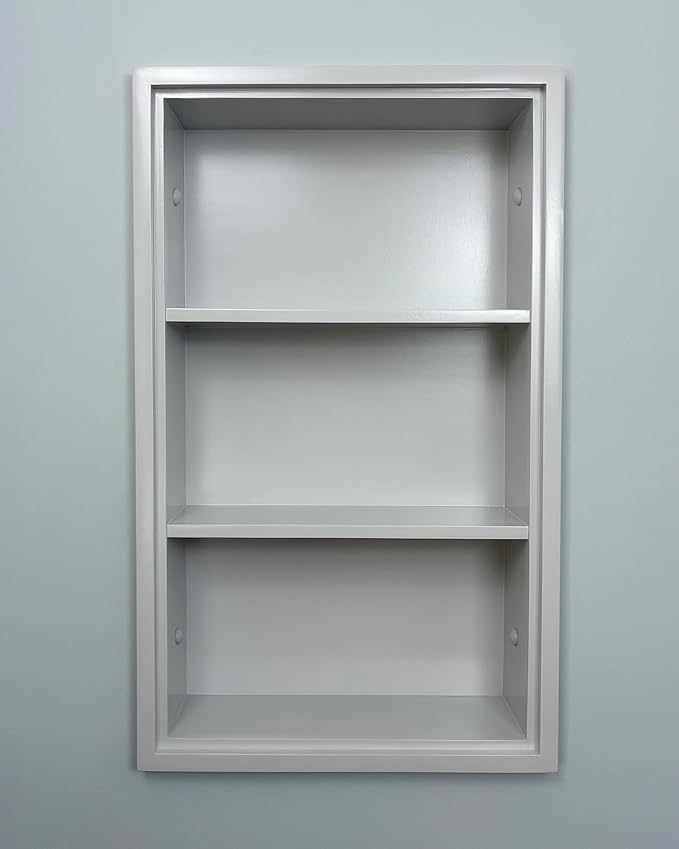 Fox Hollow Furnishings 14x24 Sloane Recessed Wall Niche Medicine Cabinet Replacement, in The Wall Bathroom Cabinet Insert Shelf/Shelves, Made in North America, Real Wood, NO MDF, Light Gray Plain Back