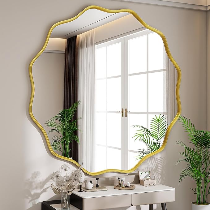 Wavy Round Mirror, 42 Inch Large Metal Frame Circle Mirror, Wall Mounted for Bathroom, Vanity, Entryway, Living Room, Gold