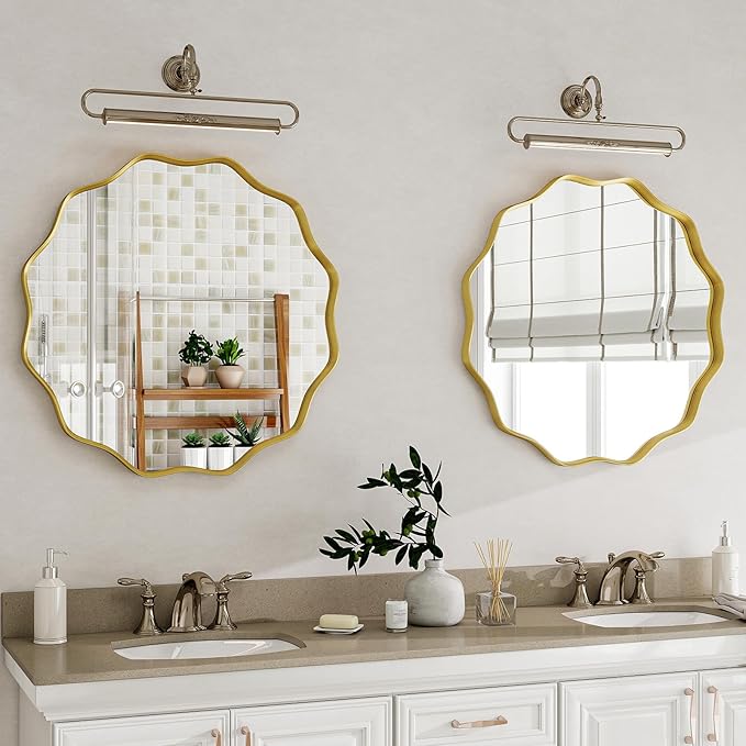 Round Wavy Mirror, 20 Inch Metal Frame Circle Mirror, Round Wall Mounted for Entryway, Bathroom, Vanity, Living Room, Gold
