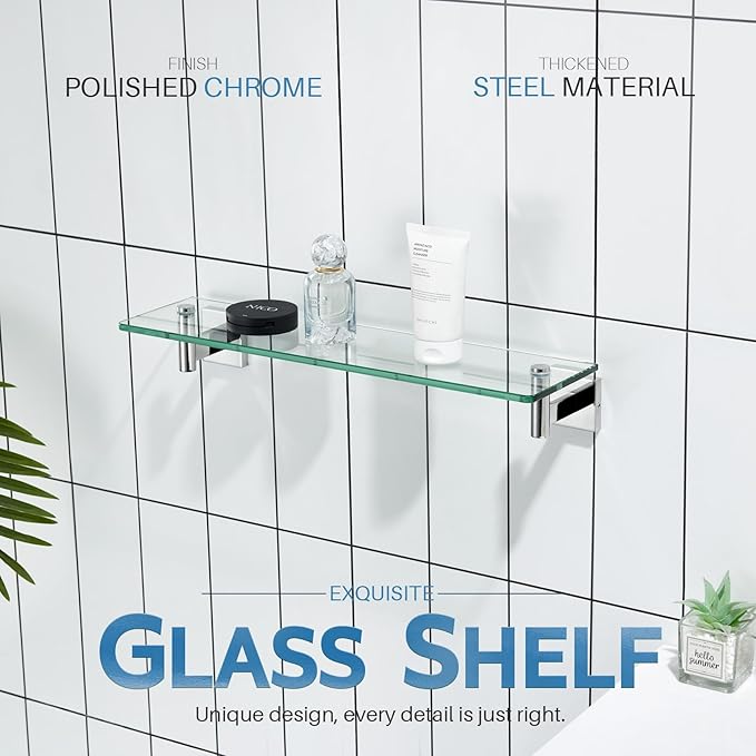 KOKOSIRI Bathroom Shelves Wall Mounted Floating Glass Shelf Polished Stainless Steel 20-Inch Hanging Rack for Storage/Room Decor 2 Pack B1105CH-L20-P2
