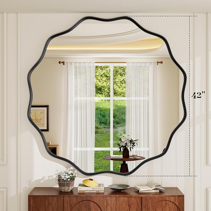 Round Wavy Mirror, 36 Inch Metal Frame Circle Mirror, Round Wall Mounted for Entryway, Bathroom, Vanity, Living Room, Black